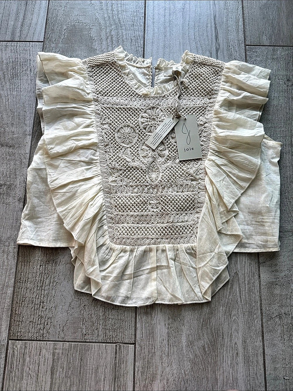 joie Embroidered Ruffle Blouse in Cream XL NWT